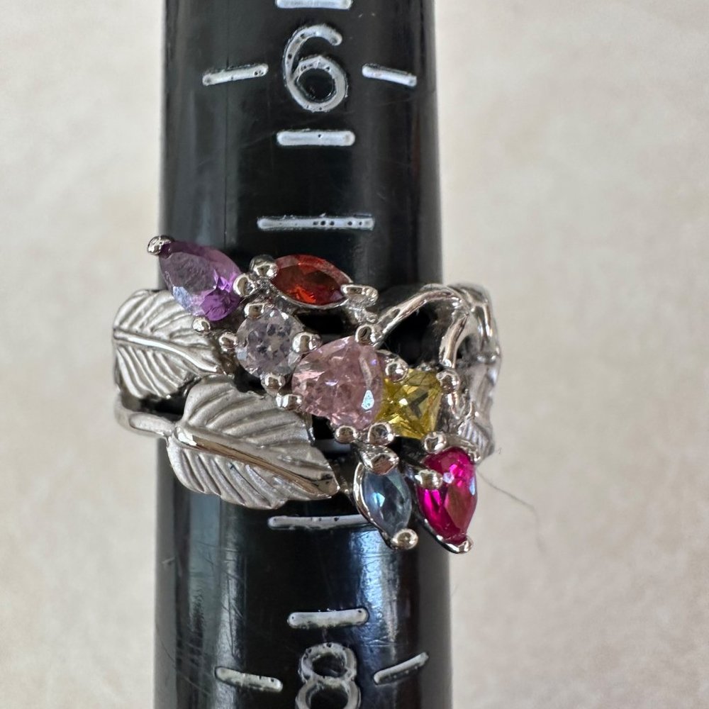 EDCO silver tone white gold plated multicolor rainbow cubic zirconia ring